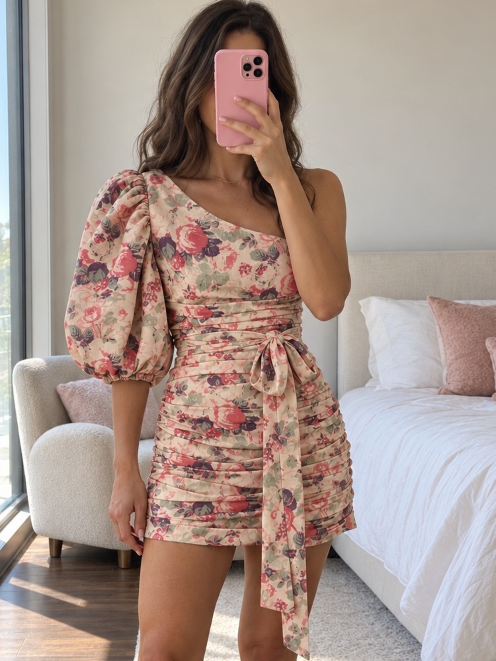LoveShackFancy Altie Floral One-Shoulder Puff Sleeve Mini Dress Size 2